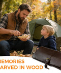 Father and child wood carving near a tent with Wood Carving Kit 68 Piece Whittling Set With Leather Storage Bag on display.