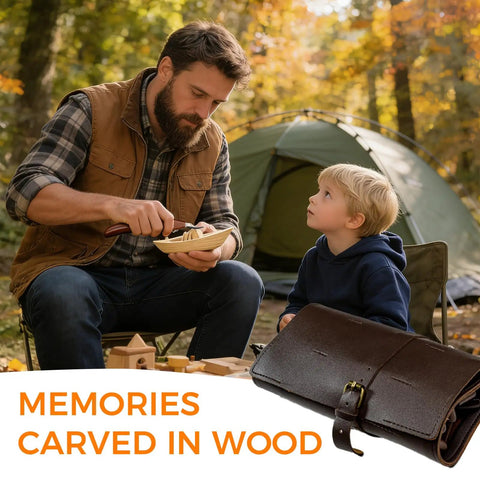 Father and child wood carving near a tent with Wood Carving Kit 68 Piece Whittling Set With Leather Storage Bag on display.