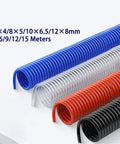Heavy Duty Spiral Pneumatic Air Hose For Air Compressors Rock Solid Poly Coil Extender Squeeze Proof in blue, red, black, and clear.