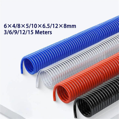 Heavy Duty Spiral Pneumatic Air Hose For Air Compressors Rock Solid Poly Coil Extender Squeeze Proof in blue, red, black, and clear.