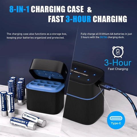 8 Pack Rechargeable AA Batteries With Charger 1.5V 3600mWh Lithium Double A LED Display; black charging case with Type-C cable.