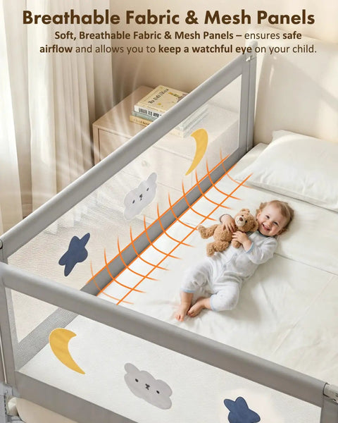 Queen Size Toddler Bed Guard Rails 3 Pack With Headboard Rod, Height Adjustable 2 To 13 Inches for safe sleep, featuring mesh panels