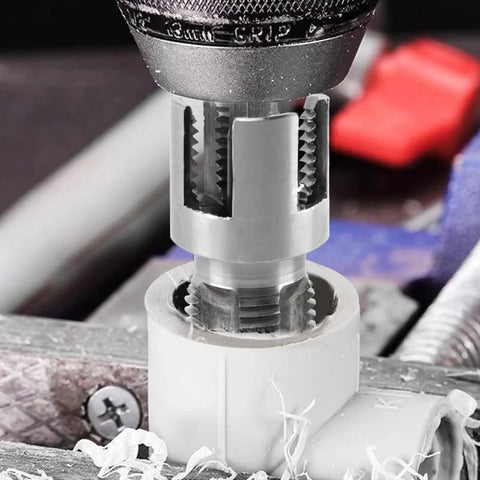 4 In 1 Universal Pipe Wrench Set For PVC Plastic Threads in use, high-quality alloy steel threading tool on PVC pipe.