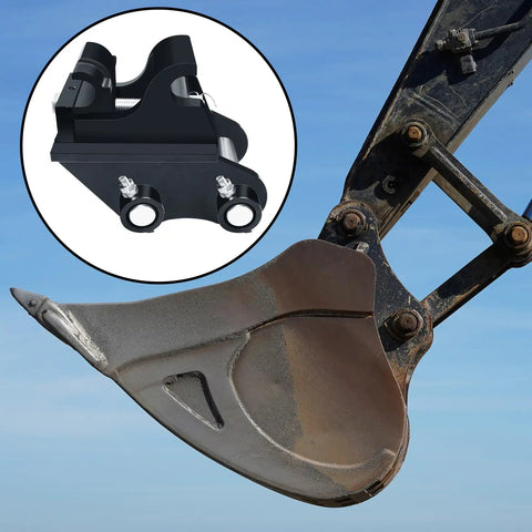 Mechanical Quick Change Hitch Coupler For Mini Excavators 0.6-3 Ton attached with a bucket, showcasing compatibility and functionality.