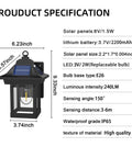 All Night Solar Wall Lights With Dusk To Dawn Motion Sensor 3 Lighting Modes Wireless Exterior Porch Lights Wall Mount Patio Fence Lanterns Black 2 Pack 2200mAh Battery Plugless No Wire Setup product specifications diagram with dimensions and features