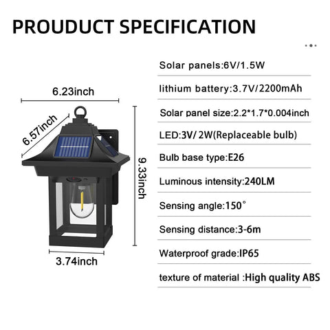 All Night Solar Wall Lights With Dusk To Dawn Motion Sensor 3 Lighting Modes Wireless Exterior Porch Lights Wall Mount Patio Fence Lanterns Black 2 Pack 2200mAh Battery Plugless No Wire Setup product specifications diagram with dimensions and features