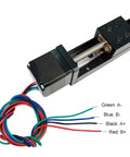 Side view of Befenybay 100mm mini linear rail with lead screw T6x1 and NEMA11 stepper motor, with colorful wiring.