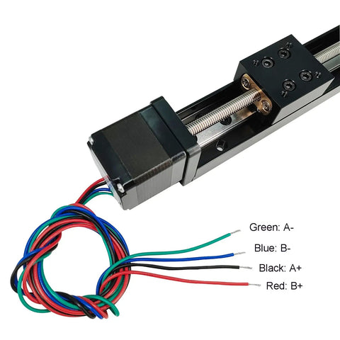 Image of 200Mm Mini Linear Rail Guide Lead Screw T6x1 with Nema 11 stepper motor, features color-coded wiring.