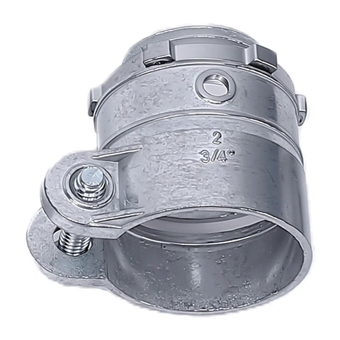 Heavy Duty Zinc Alloy Squeeze Connector 3/4 Inch Conduit Coupling close-up showing robust design and slip-fit opening for electrical raceway lines.