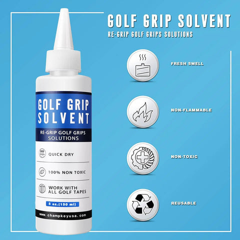 Deluxe Golf Grip Regripping Kit With Pro Grip Remover Tool 5 Oz Solvent bottle with non-toxic quick dry features and icons