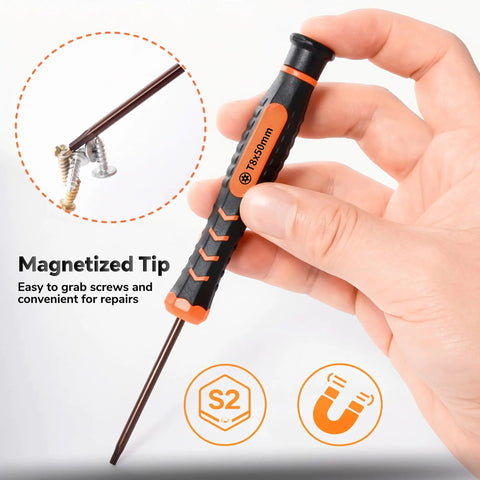 Premium T8 Security Torx Screwdriver With Heavy Duty Extended Shaft TR8 Star Bit in a hand, showing magnetized tip for easy repairs.