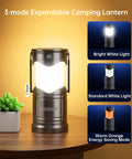 Four Pack Solar Camping Lanterns USB Rechargeable LED Lanterns Portable Battery Powered Lights With Three Modes For Power Outages Emergency Prep Indoor And Outdoor Use shown expanded with 3-mode lighting options