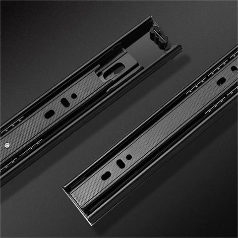 Heavy Duty Black Cold Rolling Steel Drawer Slides Smooth Glide three section cabinet rails on a dark background.