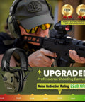 Man wearing Electronic Shooting Ear Protection With 4X Sound Amplification, 2 Pack Slim Active Noise Reduction Earmuffs For Gun Range, 22 dB NR, with a rifle.