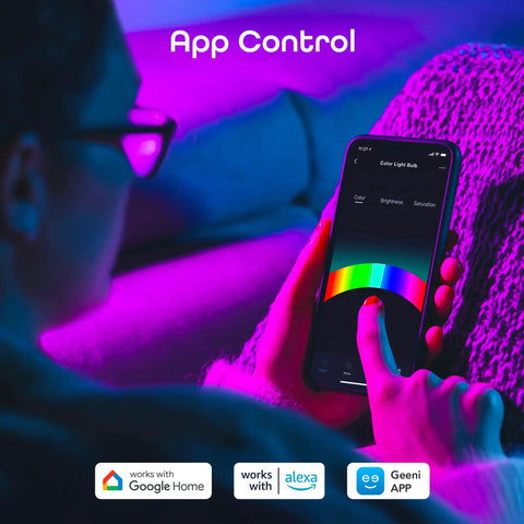 Person using app to control BR30 Smart LED Bulb With WiFi Multicolor RGB Dimmable And Energy Efficient 16 Million Colors