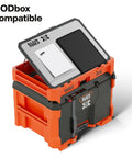 Front view of MODbox Tray Work Top Grab And Go Portable Work Surface with angled easel on a modular workbench.