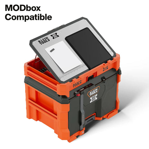 Front view of MODbox Tray Work Top Grab And Go Portable Work Surface with angled easel on a modular workbench.