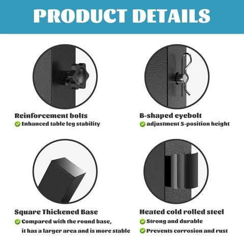 Adjustable Table Leg Extenders Knock Your Saggy Desks Into Shape With Bulletproof Steel Risers. Product details showing reinforcement bolts, eyebolt, and thickened base.