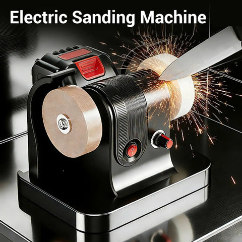 Luocute Mini Bench Sander Grinder Polisher 100W cordless tool sanding metal with sparks, mounted on a workbench.