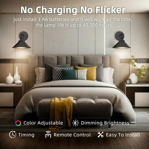 Vintage Wireless Battery Operated Wall Sconces Set Of Two, Dimmable Led Wall Lights With Nifty Remote, Zero Wire Fuss Black Indoor Fixtures For Bedroom Living Room And Hallway, Flat Out Chic Glow in stylish bedroom setup.