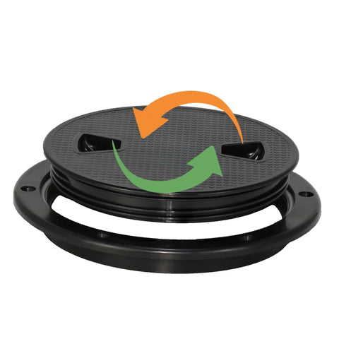 Rock Solid Two Pack Black 4 Inch Round Non Slip Marine Deck Hatch With Detachable Cover And Top Shelf Rubber Seal For Yachts Boats Kayaks And Rv Uv Resistant Abs top view with rotating arrows