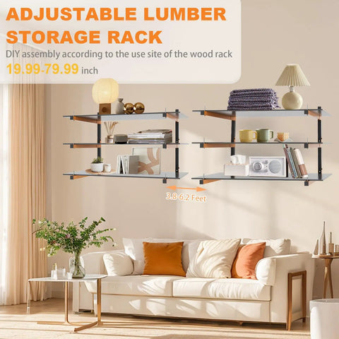 Beefy 9 Level Wall Mount Wood Storage Rack With 1080 Lbs Capacity, Rugged Garage Shelving, Folding Orange Brackets, 6 Pack Hanging Metal Shelves installed with decor