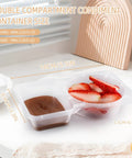 Two Compartment Snack Containers With Lids For Meal Prep And On The Go Storage Double Snack Boxes For Travel Or Camping With Portion Control Ideal Portable Lunch Box For Fresh Foods, shown with strawberries and chocolate dip