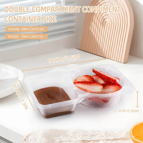 Two Compartment Snack Containers With Lids For Meal Prep And On The Go Storage Double Snack Boxes For Travel Or Camping With Portion Control Ideal Portable Lunch Box For Fresh Foods, shown with strawberries and chocolate dip