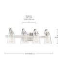 Grace 4 Light Vanity Light In Brushed Polished Nickel With Clear Seeded Glass Shades, dimensions labeled, for indoor use