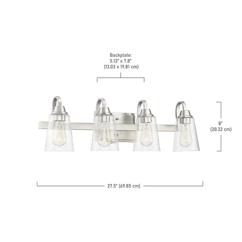 Grace 4 Light Vanity Light In Brushed Polished Nickel With Clear Seeded Glass Shades, dimensions labeled, for indoor use