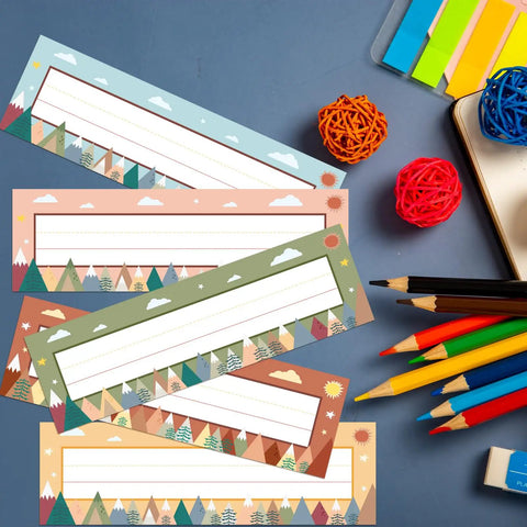 Moving Mountains Desk Nameplates Set Of 30 For Classroom And Office Decor, Student Desks, Colorful Patterns with stationery