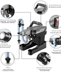 Powerhouse 750W Airless Paint Sprayer Kit showing adjustable knob, filter, and portable storage features.