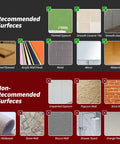 Recommended and non-recommended surfaces for 12 by 12 inch peel and stick backsplash tiles for kitchen and bathroom in white marble pattern