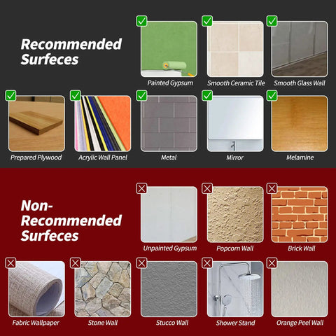 Recommended and non-recommended surfaces for Peel And Stick Metal Backsplash Tiles 100 Piece Set Dope Brushed Aluminum Subway Style.