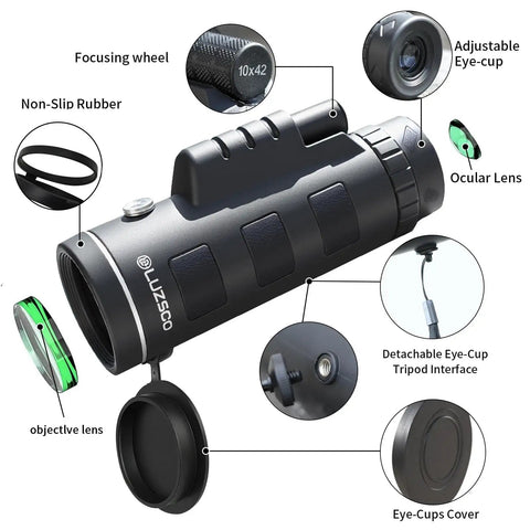 High Power 10x42 Monocular for Adults Waterproof Compact Telescope With Tripod and Smartphone Adapter, detailed parts view