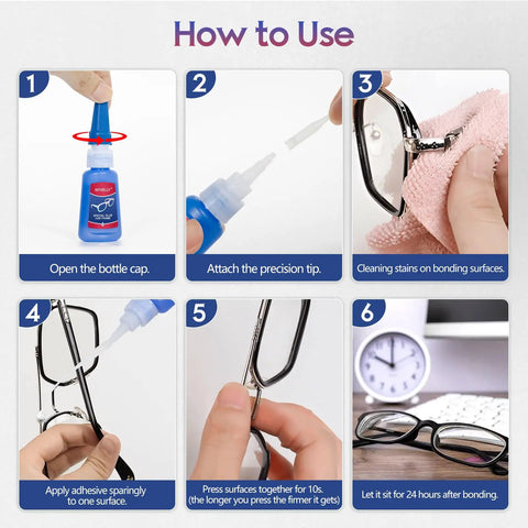 How to use Clear Glasses Frames Glue For A Fast Fix And Bonding, Instant Strong Adhesive for repairing eyeglass frames.