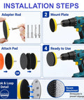 Installation steps for Boss Grade 137Pc 2 Inch Sanding Discs Kit with drill adapter and pads.