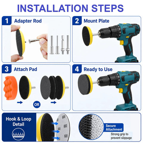 Installation steps for Boss Grade 137Pc 2 Inch Sanding Discs Kit with drill adapter and pads.
