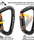 Auto Locking Climbing Carabiner Set, Heavy Duty Large D Shaped Aluminum 7075, 25kN Load Capacity, One Hand Operation, Black