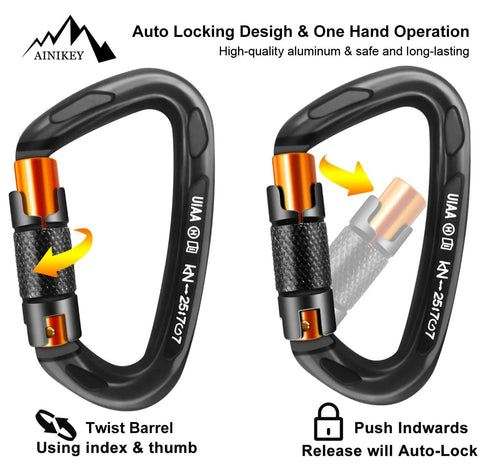 Auto Locking Climbing Carabiner Set, Heavy Duty Large D Shaped Aluminum 7075, 25kN Load Capacity, One Hand Operation, Black
