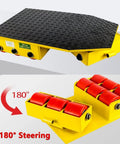 Heavy Duty Machinery Mover With Grippy Handle And Ball Bearing Wheels For Smooth Sailing Factory Moves, showing 24-ton capacity and 180-degree pivot.