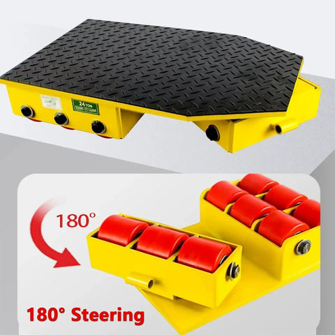 Heavy Duty Machinery Mover With Grippy Handle And Ball Bearing Wheels For Smooth Sailing Factory Moves, showing 24-ton capacity and 180-degree pivot.