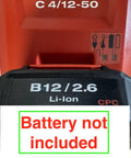 C 4/12 50 Battery Charger for Cordless Systems 110V Black with battery slot, text 'Battery not included' shown