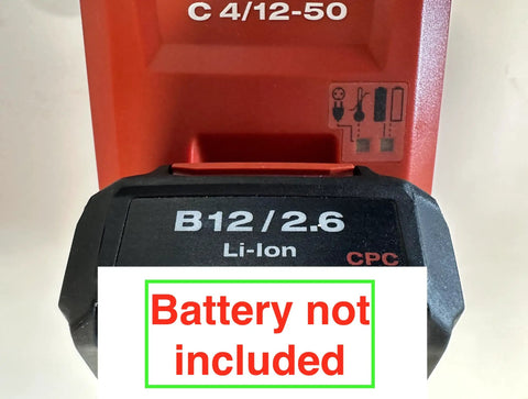 C 4/12 50 Battery Charger for Cordless Systems 110V Black with battery slot, text 'Battery not included' shown