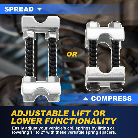 Heavy Duty 2 Way Adjustable Coil Spring Spacers 4 Pack shown in spread and compress positions for adjustable lift.