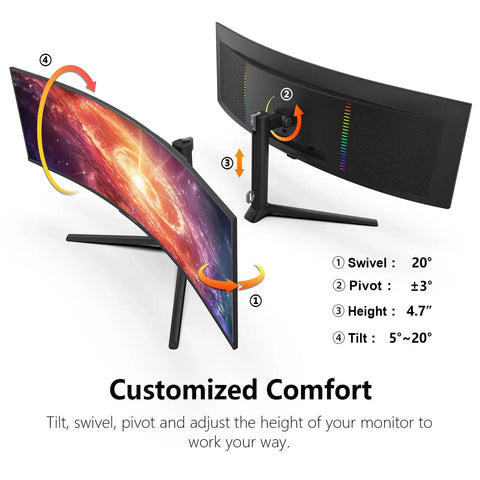 49 Inch OLED Curved Ultrawide Gaming Monitor That Cranks Out 5120x1440, 240Hz showing tilt and swivel adjustments