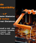 Universal Drill Press Guard Shield Built Tough For 2 To 4 Inch Column Drills Flip Safety Fence Accessory shown installed, containing sparks