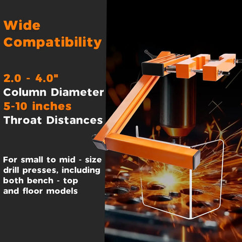 Universal Drill Press Guard Shield Built Tough For 2 To 4 Inch Column Drills Flip Safety Fence Accessory shown installed, containing sparks