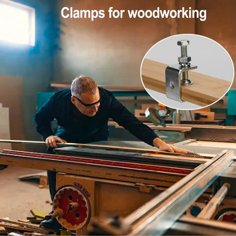Boss 6 Pack Stainless Steel C Clamp Set With Protective Jaws For Smooth Woodworking And Welding Tasks Legit Heavy Duty Mini Tiger G Clamps That Hold Fast No Sweat 1 3/16 Inch Jaw shown in woodworking setup with wood pieces.