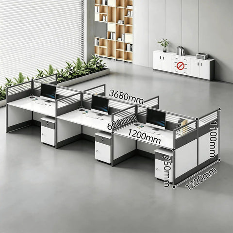 Game Changer Six Person Modular Office Workstation With Tempered Glass Privacy Screens And Smart Usb Charging Hub Plus Rock Solid Rolling Storage Cabinet For Fresh Commercial Layouts dimensions labeled with 6 desks and tempered glass dividers.